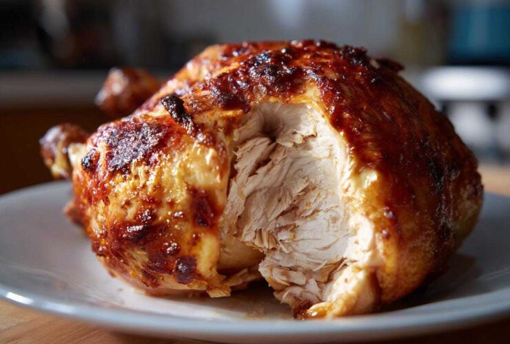 A perfectly cooked air fryer whole chicken with deeply browned, crispy skin and juicy white meat exposed.
