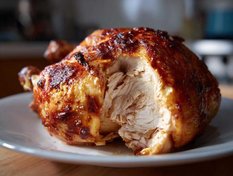 A perfectly cooked air fryer whole chicken with deeply browned, crispy skin and juicy white meat exposed.