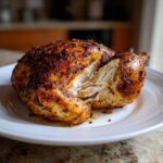 A perfectly cooked air fryer whole chicken, sliced open to show juicy white meat and crispy, seasoned skin.