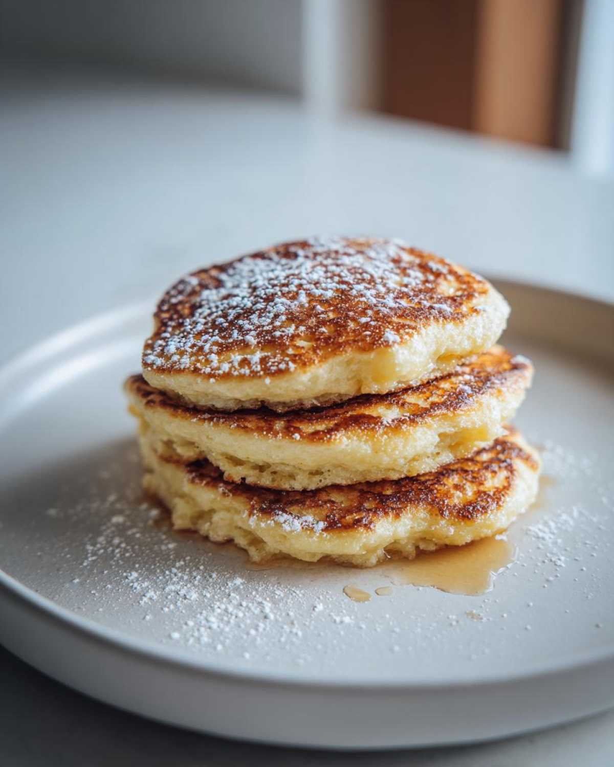 A stack of three golden-brown almond flour pancakes dusted with powdered sugar on a light plate.