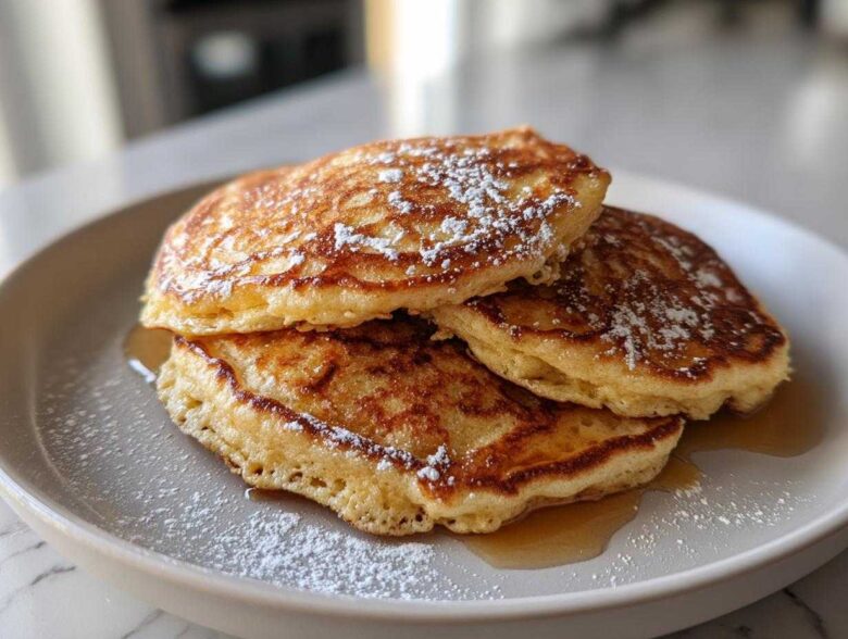 A stack of three fluffy almond flour pancakes drizzled with syrup and dusted heavily with powdered sugar.