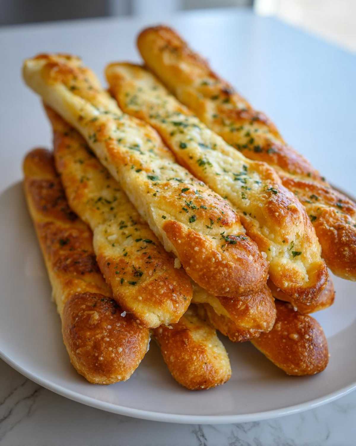 A stack of freshly baked, golden brown breadsticks topped with garlic butter and chopped parsley on a white plate.