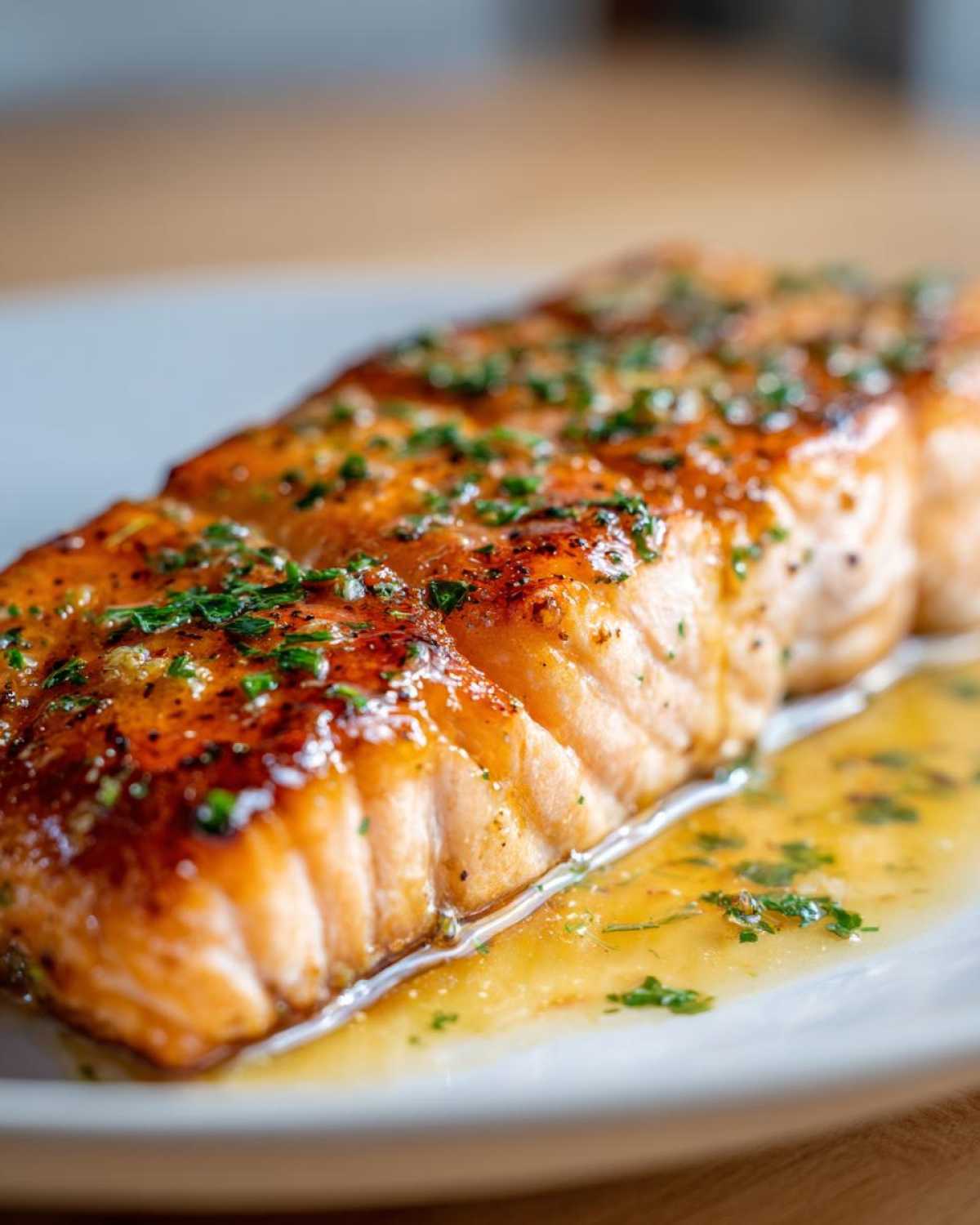 Close-up of a glistening, perfectly cooked air fryer salmon fillet topped with herbs, sitting in a buttery sauce.
