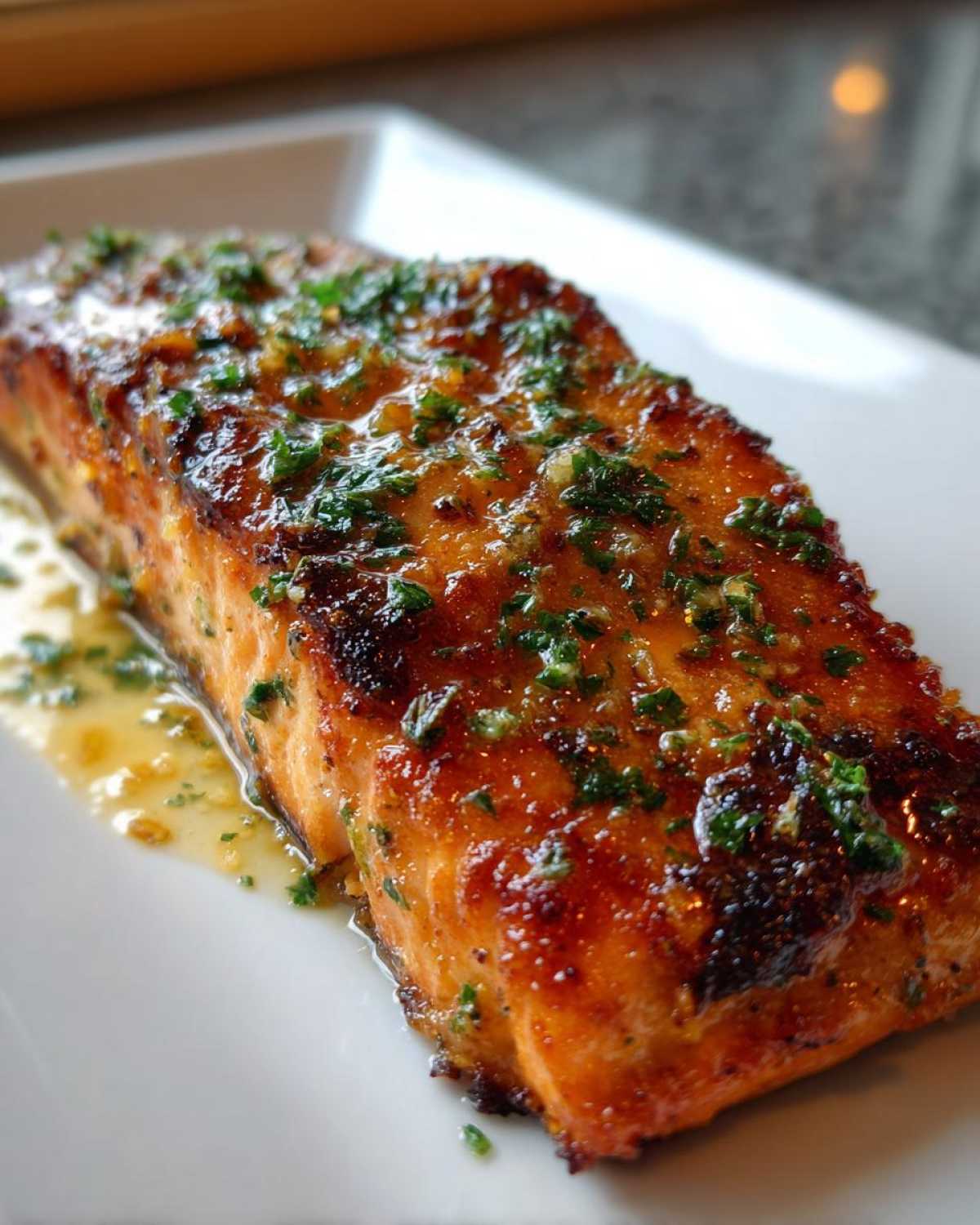 Close-up of a beautifully glazed and caramelized air fryer salmon fillet topped with fresh parsley.