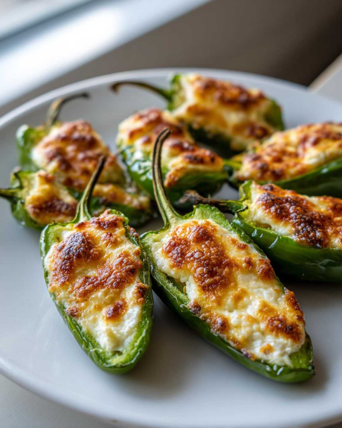Close-up of several baked jalapeño poppers stuffed with creamy filling and topped with browned, melted cheese.