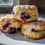 Three fluffy blueberry scones stacked on a white plate, drizzled with a sweet white glaze.