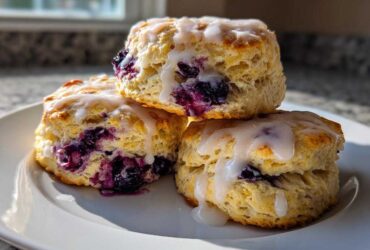 Three fluffy blueberry scones stacked on a white plate, drizzled with a sweet white glaze.