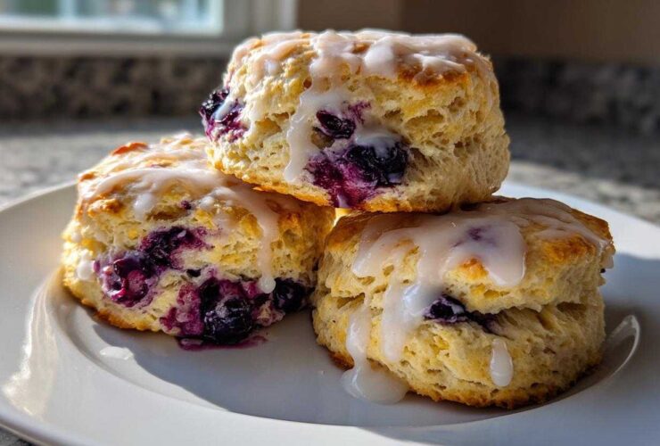 Three fluffy blueberry scones stacked on a white plate, drizzled with a sweet white glaze.