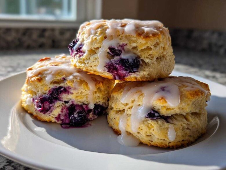 Three fluffy blueberry scones stacked on a white plate, drizzled with a sweet white glaze.