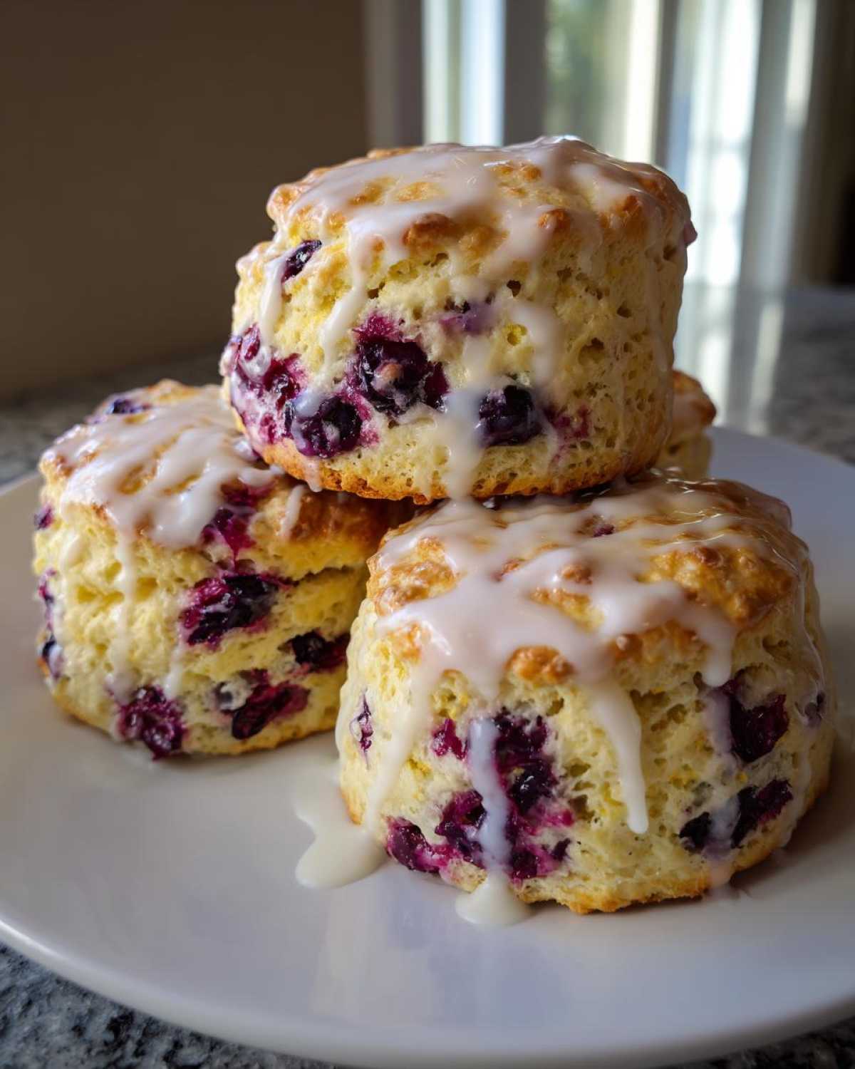 A stack of three freshly baked blueberry scones topped with a thick white glaze.
