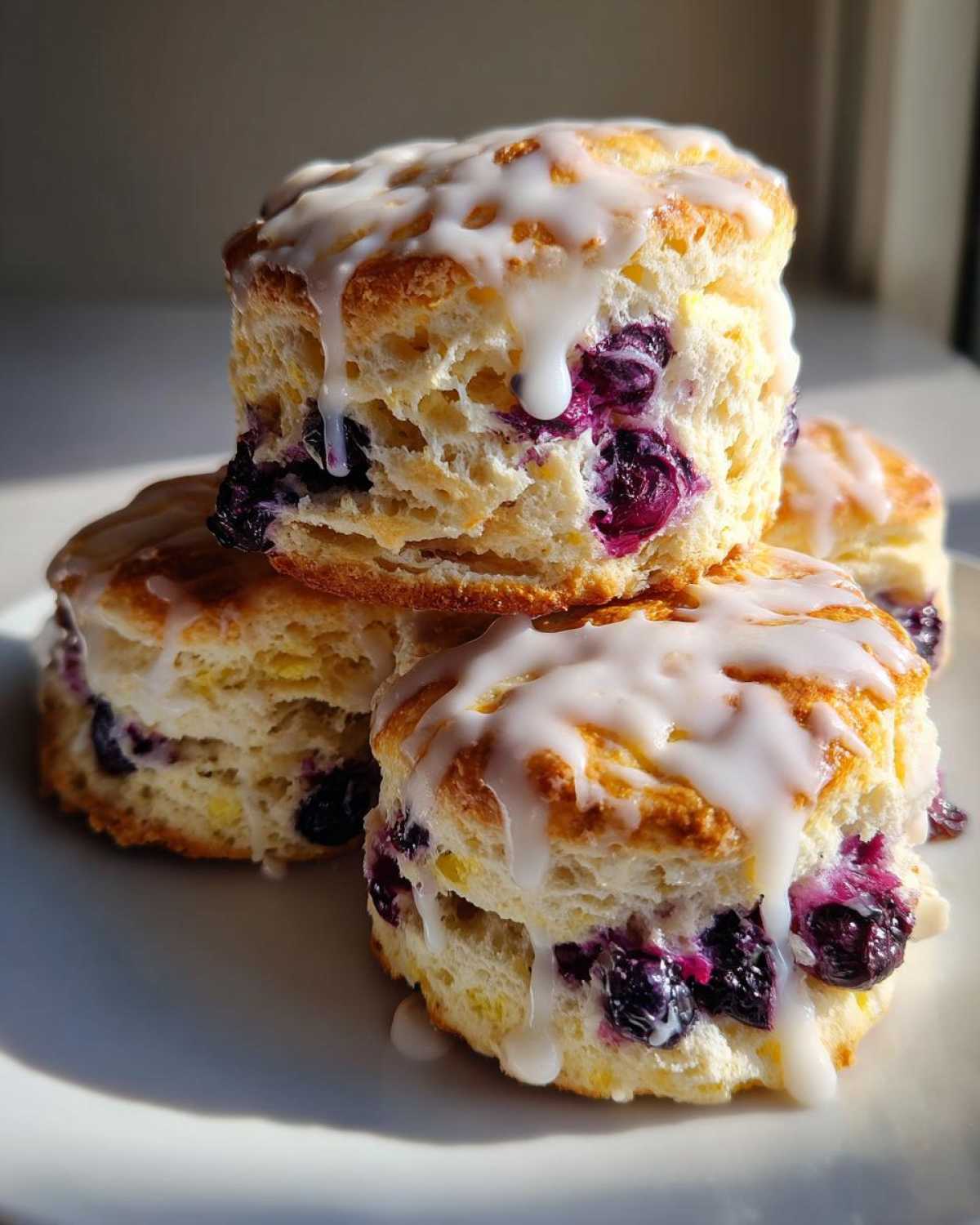 Close-up of a stack of fluffy blueberry scones topped with thick white glaze dripping down the sides.