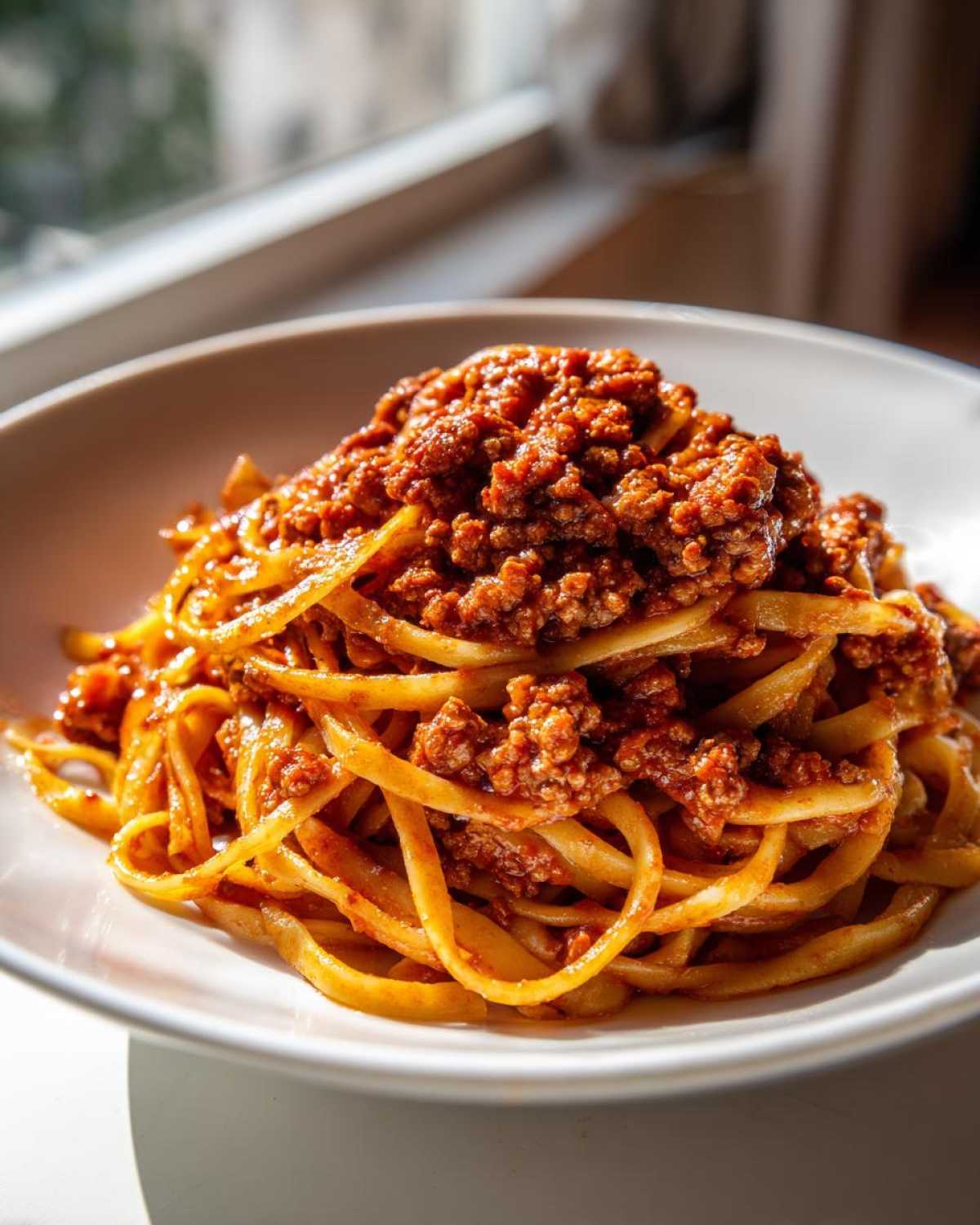 Close-up of fresh pasta generously topped with rich, meaty bolognese sauce, served in a white bowl.