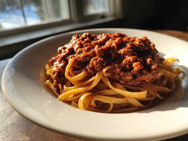 A close-up of fettuccine pasta topped generously with rich bolognese sauce, backlit by a window.