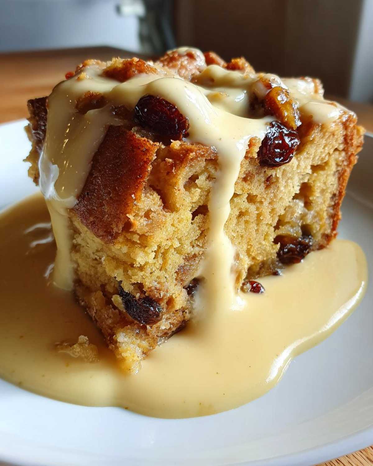 A close-up of a square slice of amazing bread pudding topped with rich vanilla custard and raisins.