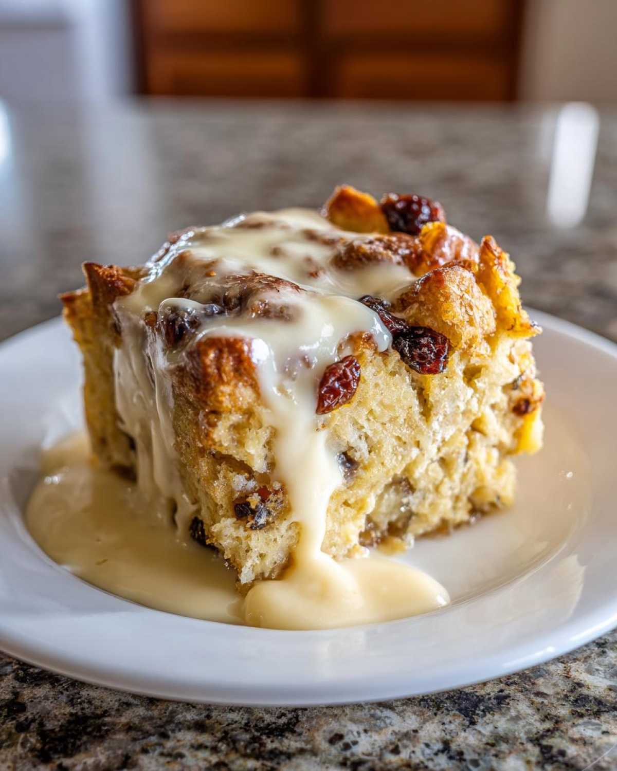 A close-up of a moist slice of bread pudding topped with rich vanilla sauce and raisins.