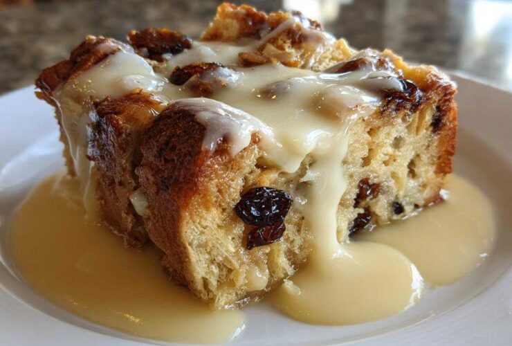 A close-up of a slice of amazing bread pudding topped with vanilla sauce and raisins.
