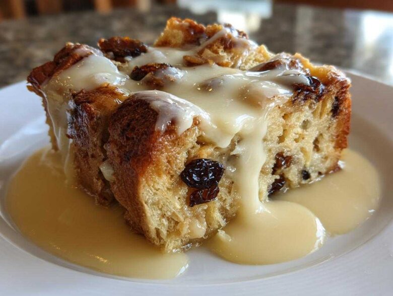 A close-up of a slice of amazing bread pudding topped with vanilla sauce and raisins.