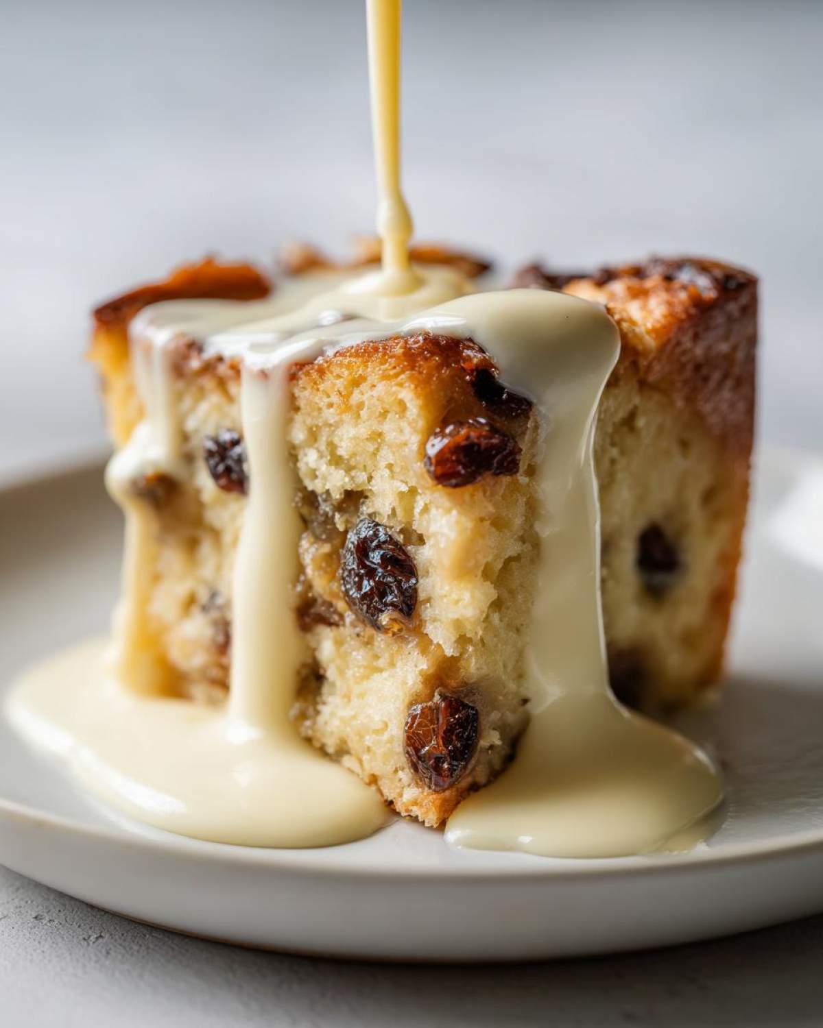 Close-up of a slice of raisin bread pudding being generously covered with warm vanilla custard sauce.