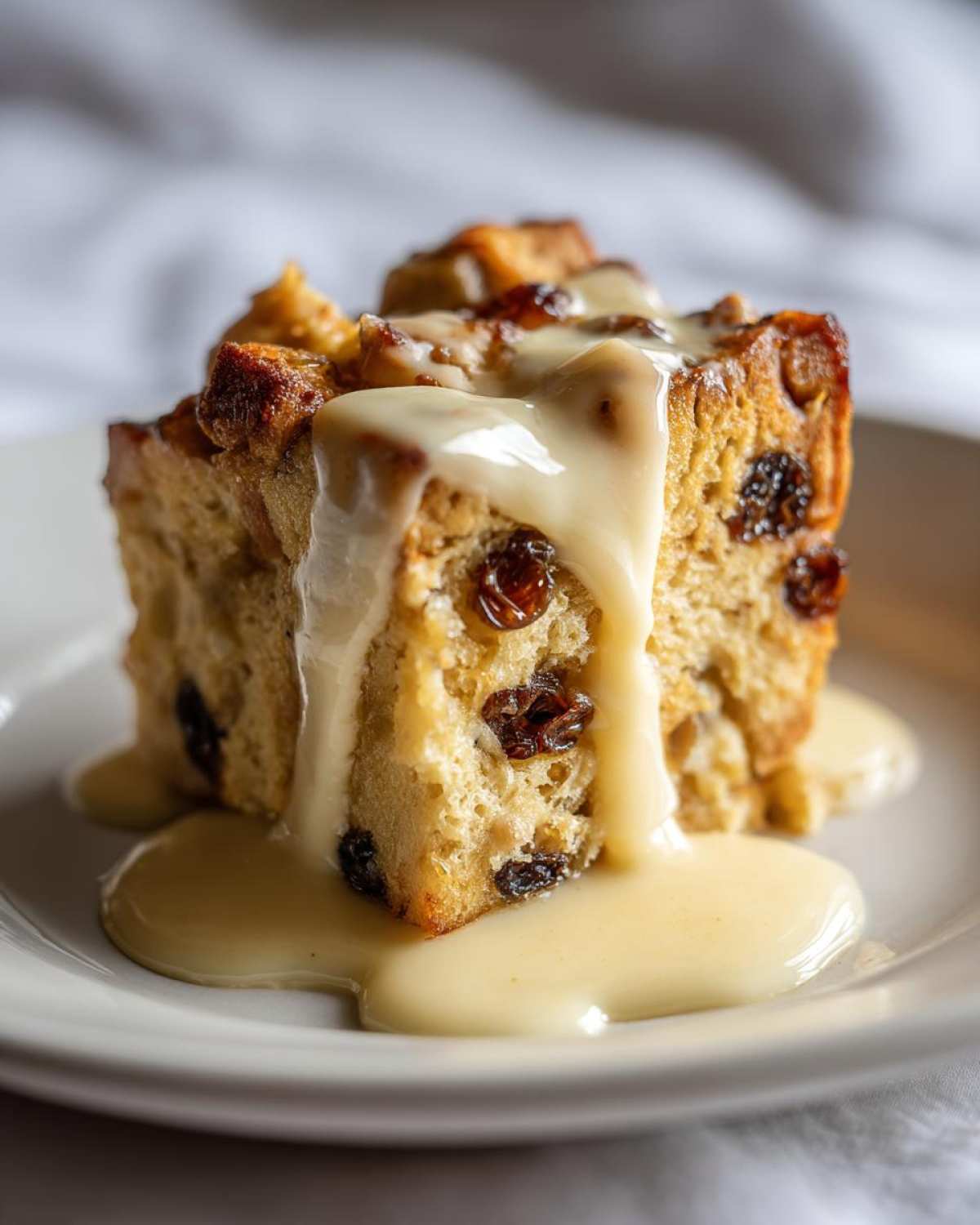 Close-up of a moist slice of raisin bread pudding generously topped with vanilla cream sauce.