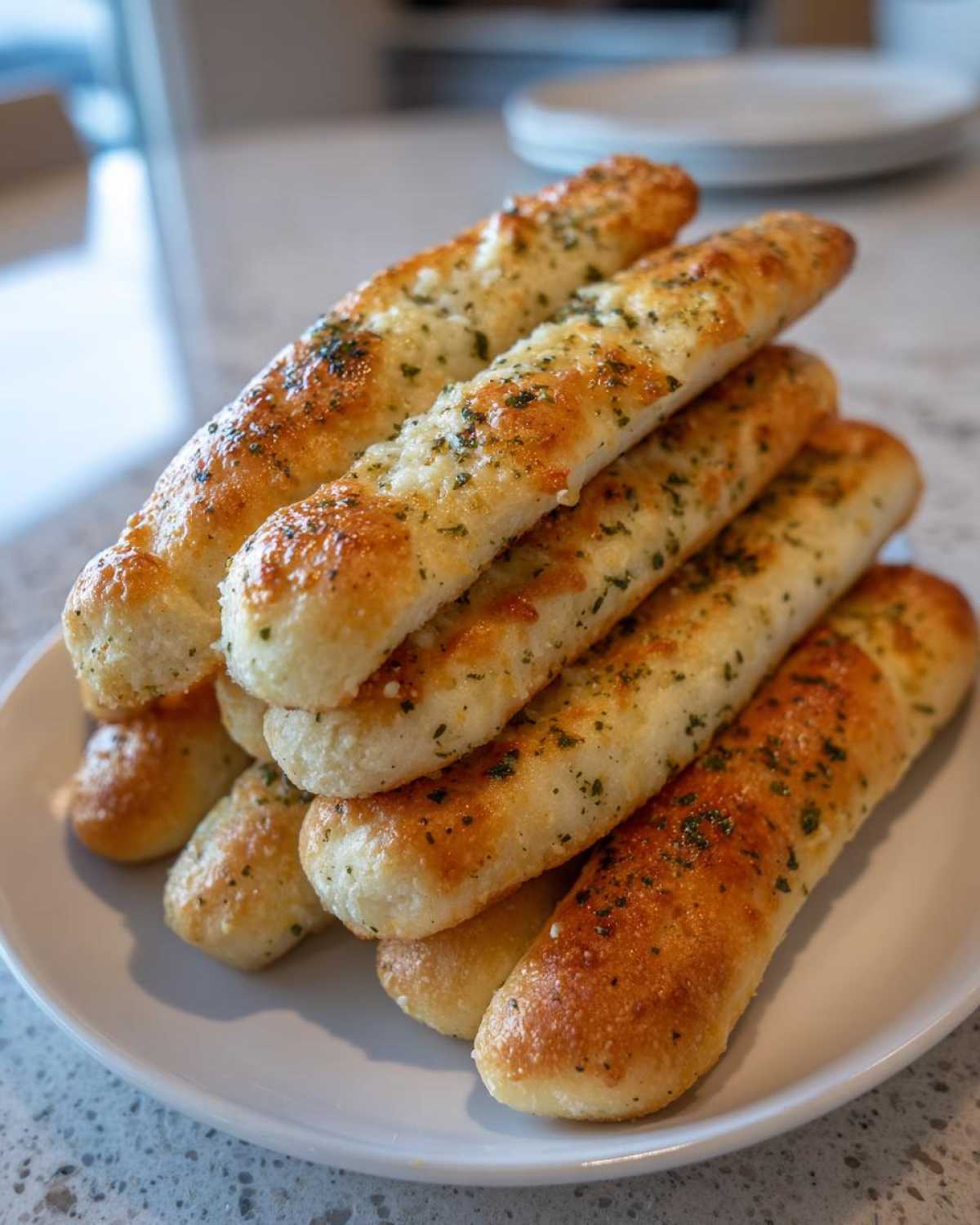 A stack of freshly baked, golden-brown breadsticks seasoned with garlic and herbs on a white plate.