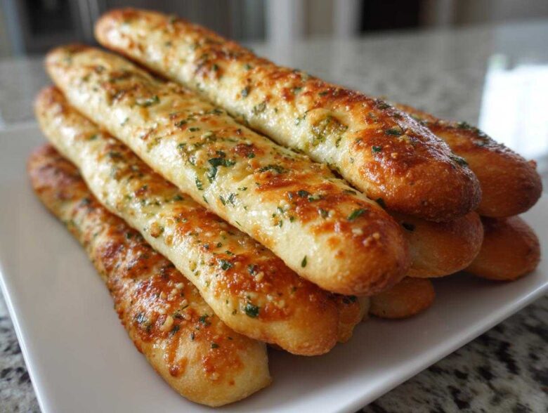 A close-up stack of golden, freshly baked breadsticks topped with garlic butter and parsley.