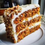 Close-up of a thick slice of layered carrot cake recipe topped with cream cheese frosting and chopped pecans.