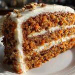 A tall, moist slice of carrot cake recipe layered with cream cheese frosting and topped with chopped pecans.