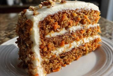 A tall, moist slice of carrot cake recipe layered with cream cheese frosting and topped with chopped pecans.