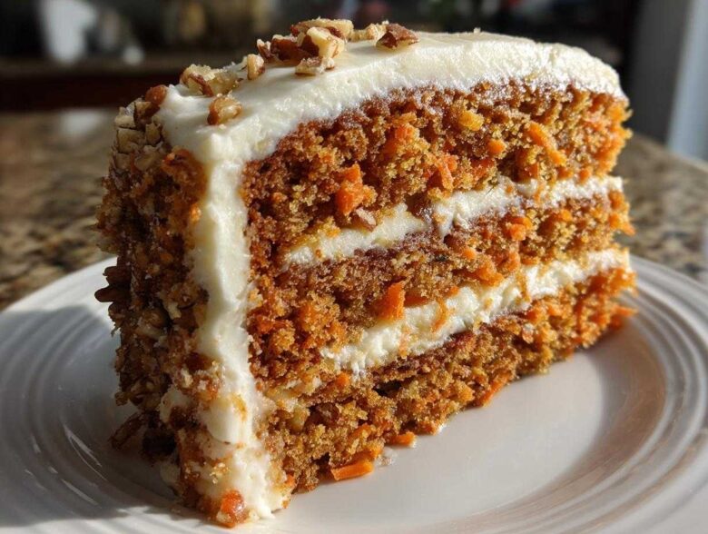 A tall, moist slice of carrot cake recipe layered with cream cheese frosting and topped with chopped pecans.
