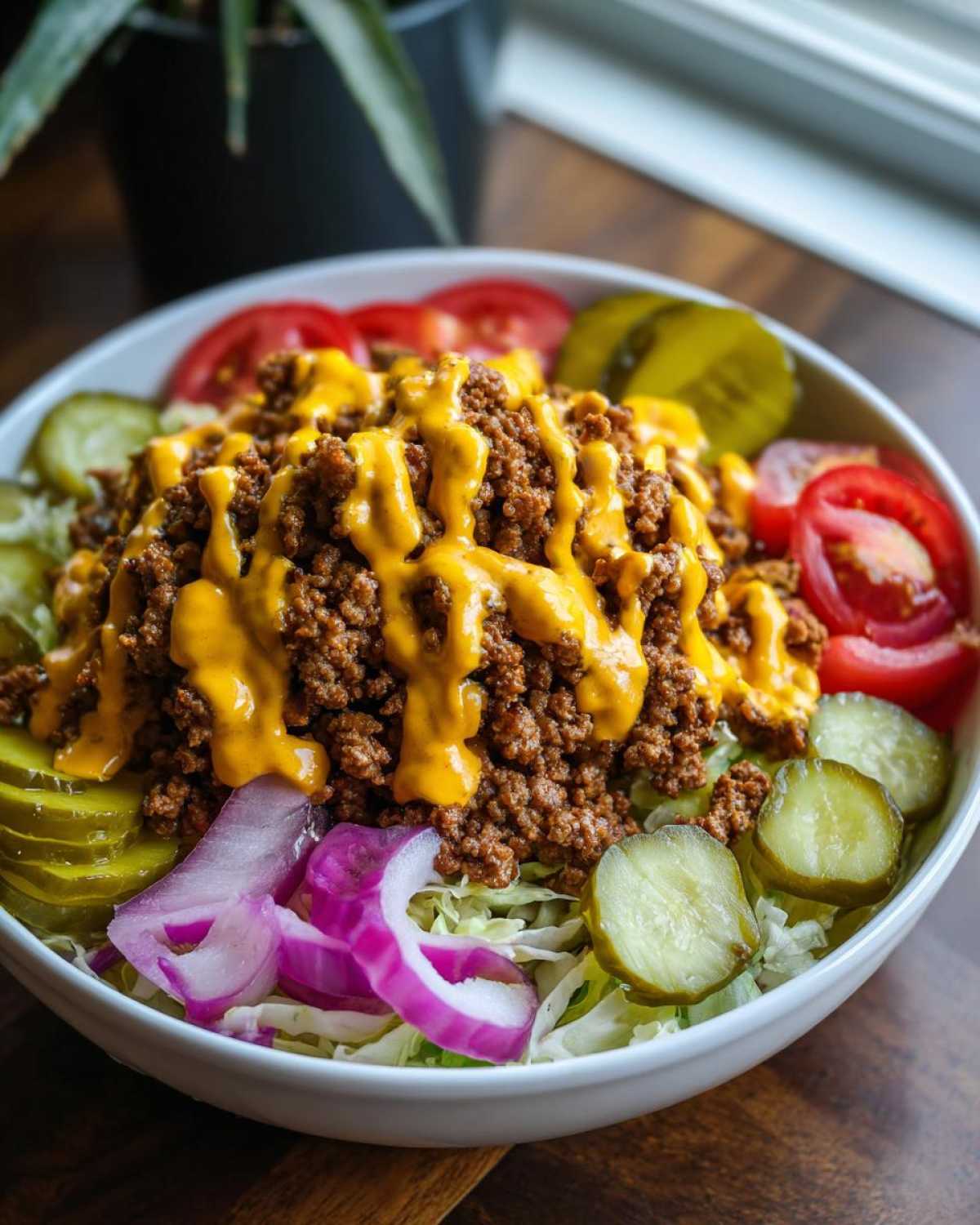 A close-up of a delicious cheeseburger bowl featuring seasoned ground beef, melted cheese sauce, pickles, tomatoes, and red onion over lettuce.