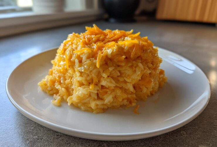 A molded serving of creamy, orange cheesy rice topped with shredded cheddar cheese on a white plate.
