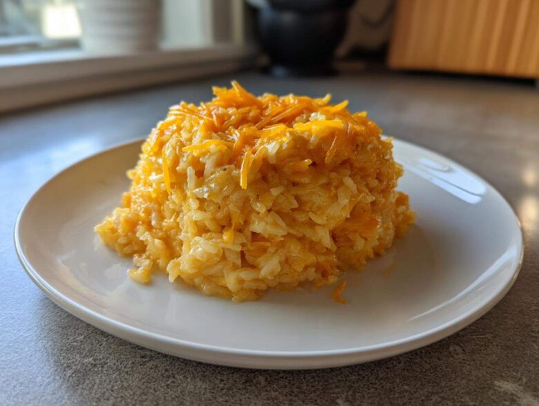 A molded serving of creamy, orange cheesy rice topped with shredded cheddar cheese on a white plate.