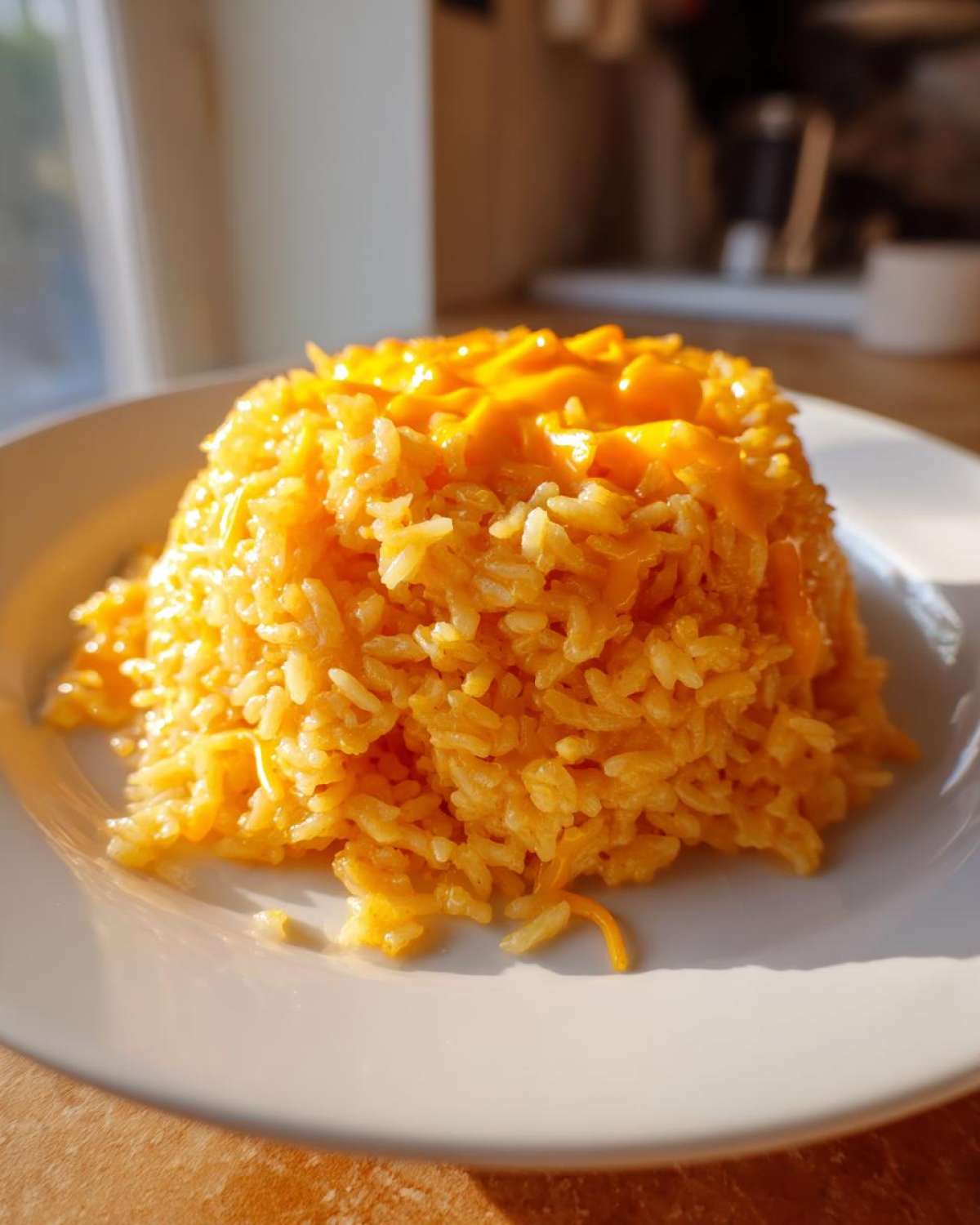 A mound of bright orange cheesy rice topped with melted cheddar cheese served on a white plate.