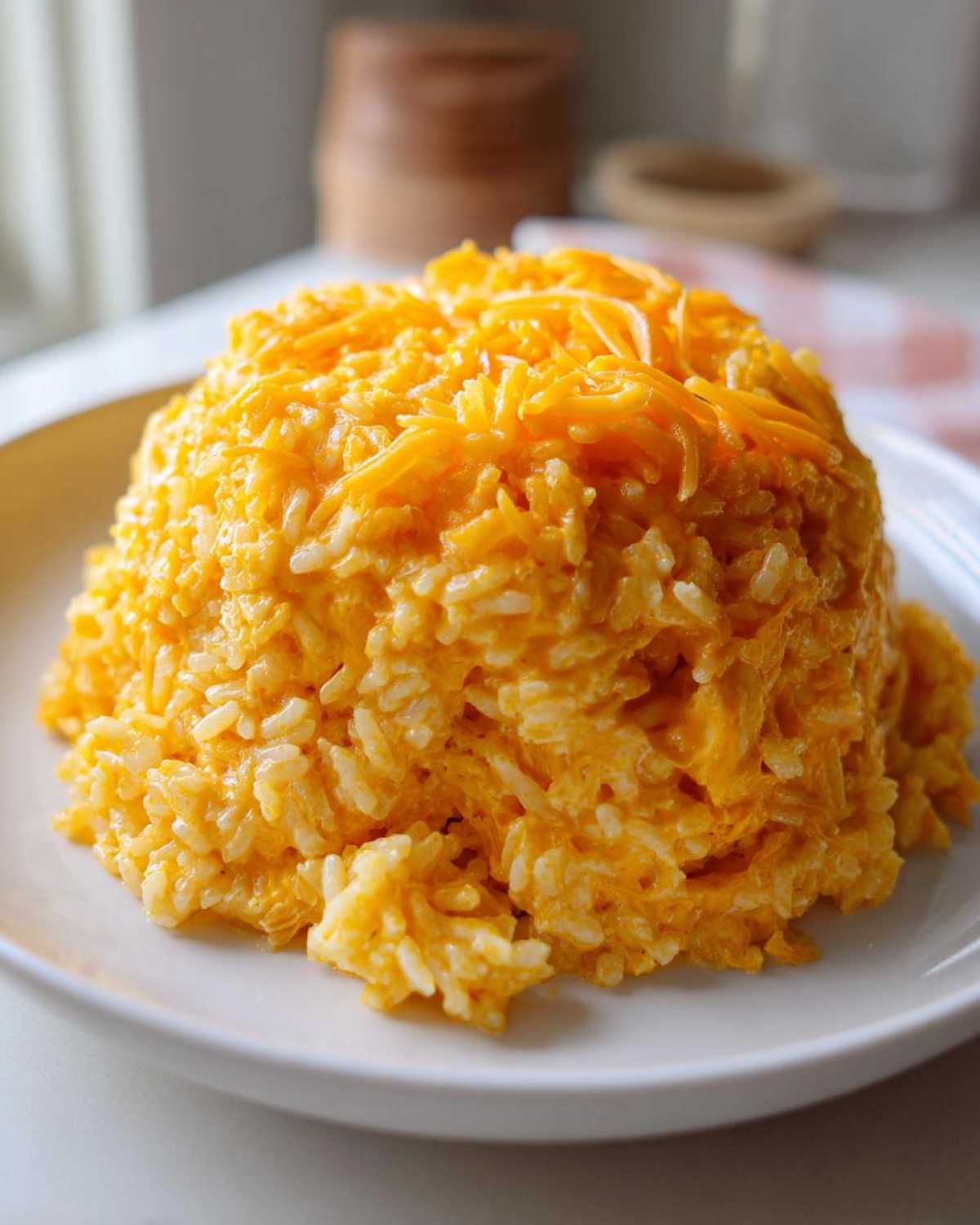 A perfectly molded serving of bright orange cheesy rice, topped with extra shredded cheddar cheese.