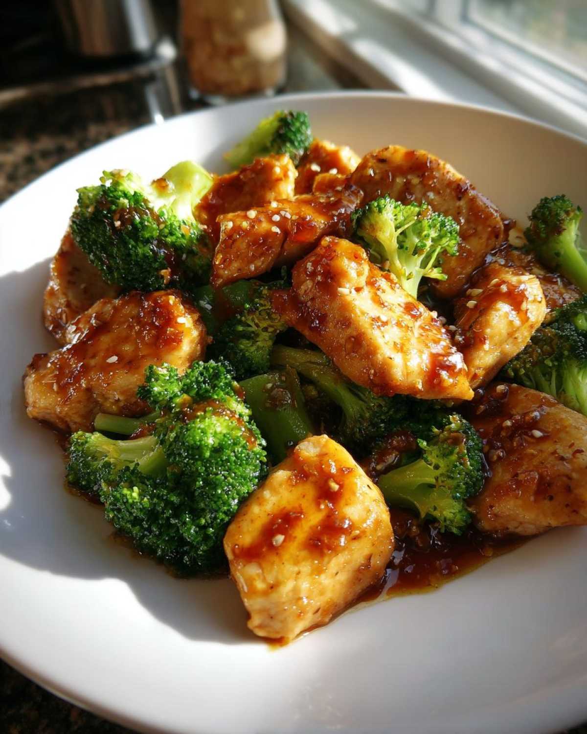 Close-up of tender pieces of chicken and bright green broccoli florets coated in a savory brown sauce, ready to eat chicken and broccoli.