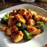Close-up of golden battered chicken pieces mixed with bright green broccoli florets, drizzled with a dark savory glaze, a perfect chicken and broccoli dish.