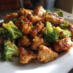 Close-up of saucy, glazed chicken and broccoli pieces served on a white rectangular plate.