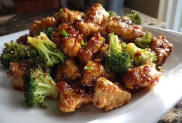 Close-up of saucy, glazed chicken and broccoli pieces served on a white rectangular plate.