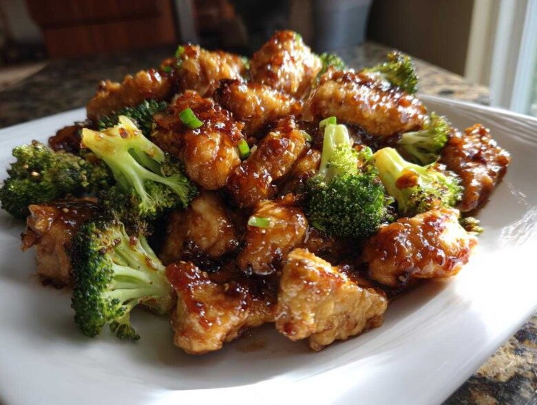 Close-up of saucy, glazed chicken and broccoli pieces served on a white rectangular plate.