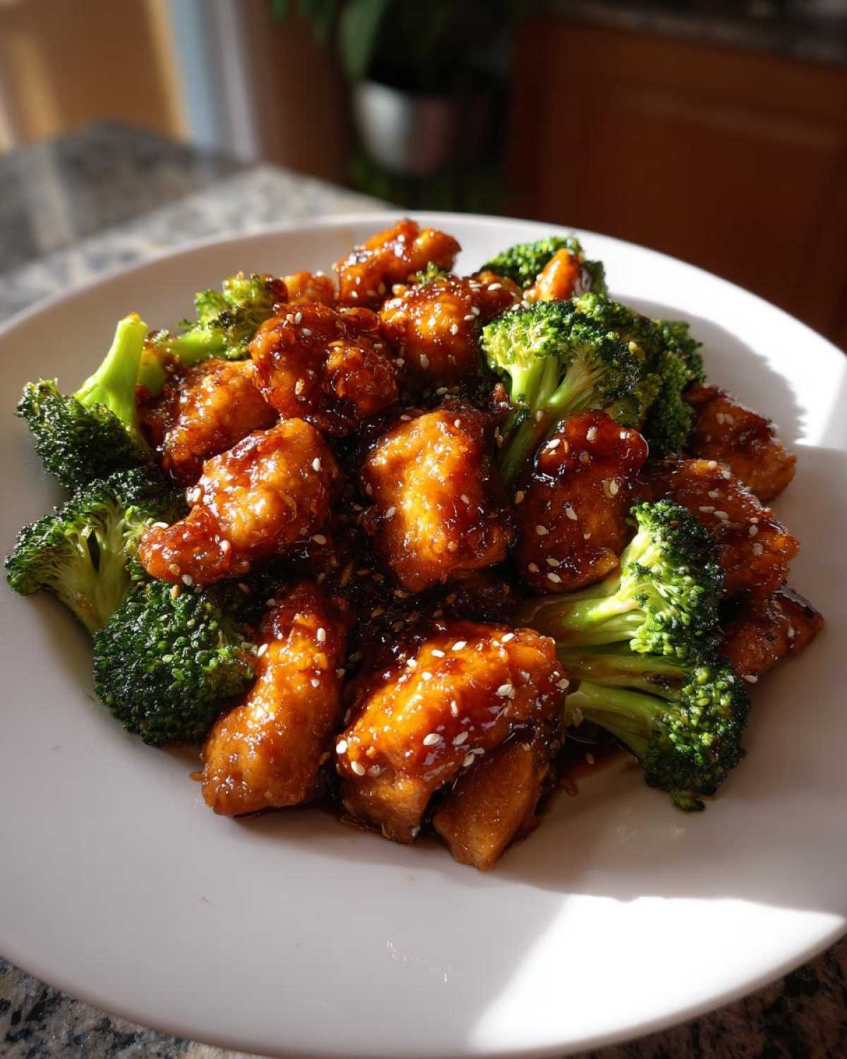 Close-up of saucy, sesame-topped chicken and bright green broccoli florets served on a white plate, featuring the amazing chicken and broccoli.