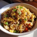 A close-up shot of a white bowl filled with amazing chicken fried rice, visible pieces of egg, carrots, and green onions.