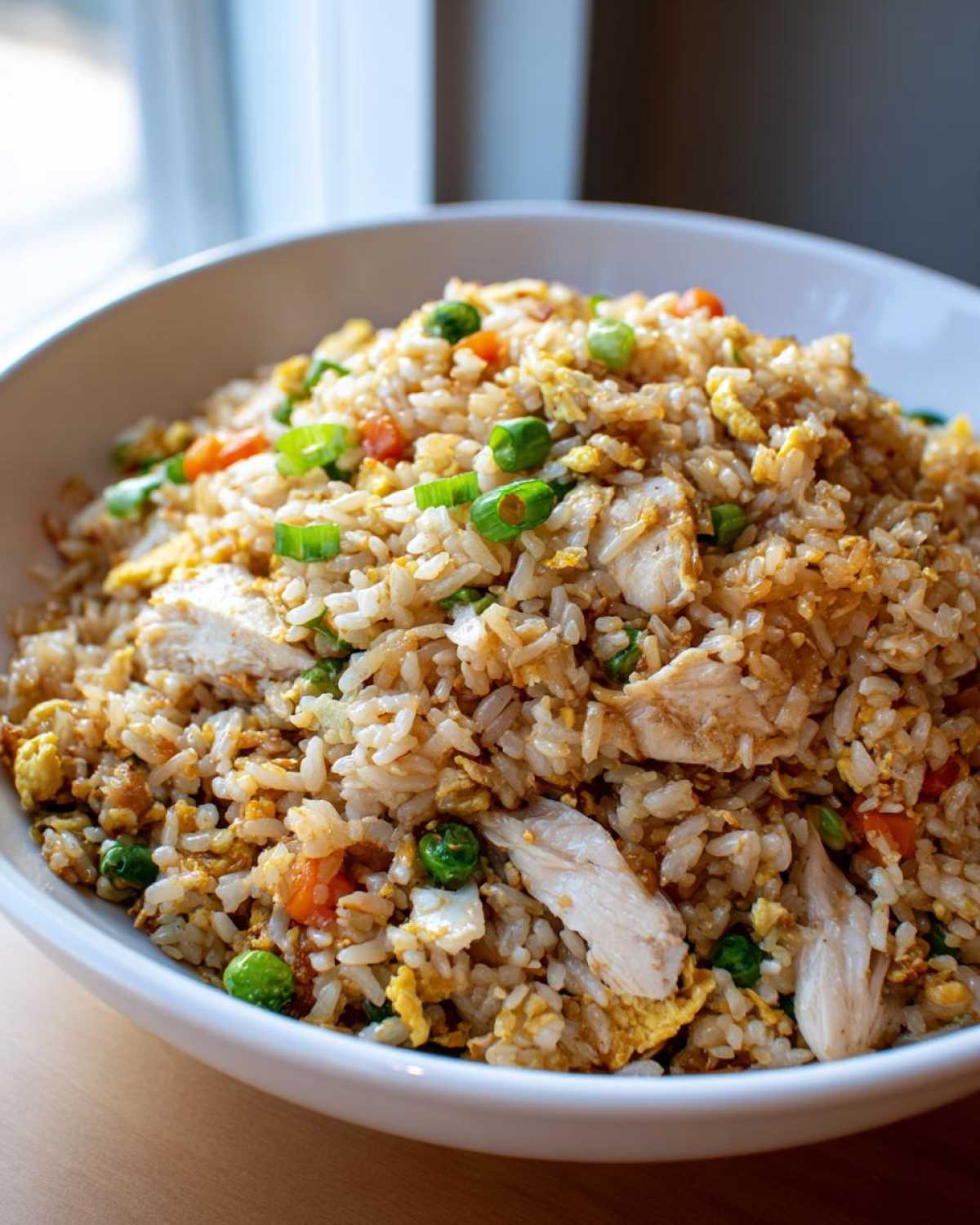 A close-up of a large serving of amazing chicken fried rice with visible chunks of chicken, peas, carrots, egg, and green onions.