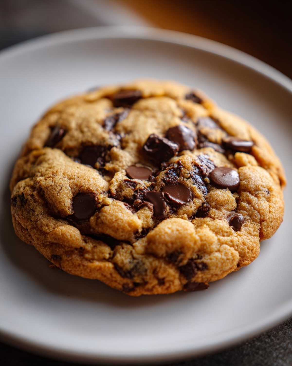 Close-up of a single, gooey chocolate chip cookie with melted chocolate chunks on a light plate.