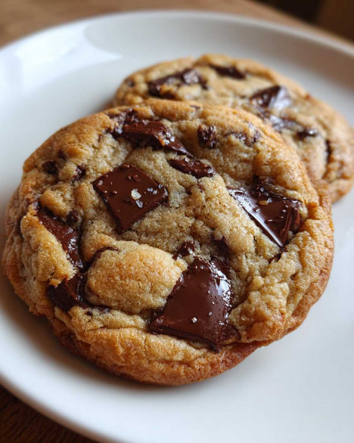 Close-up of two freshly baked chocolate chip cookies with melted chocolate chunks and sea salt.