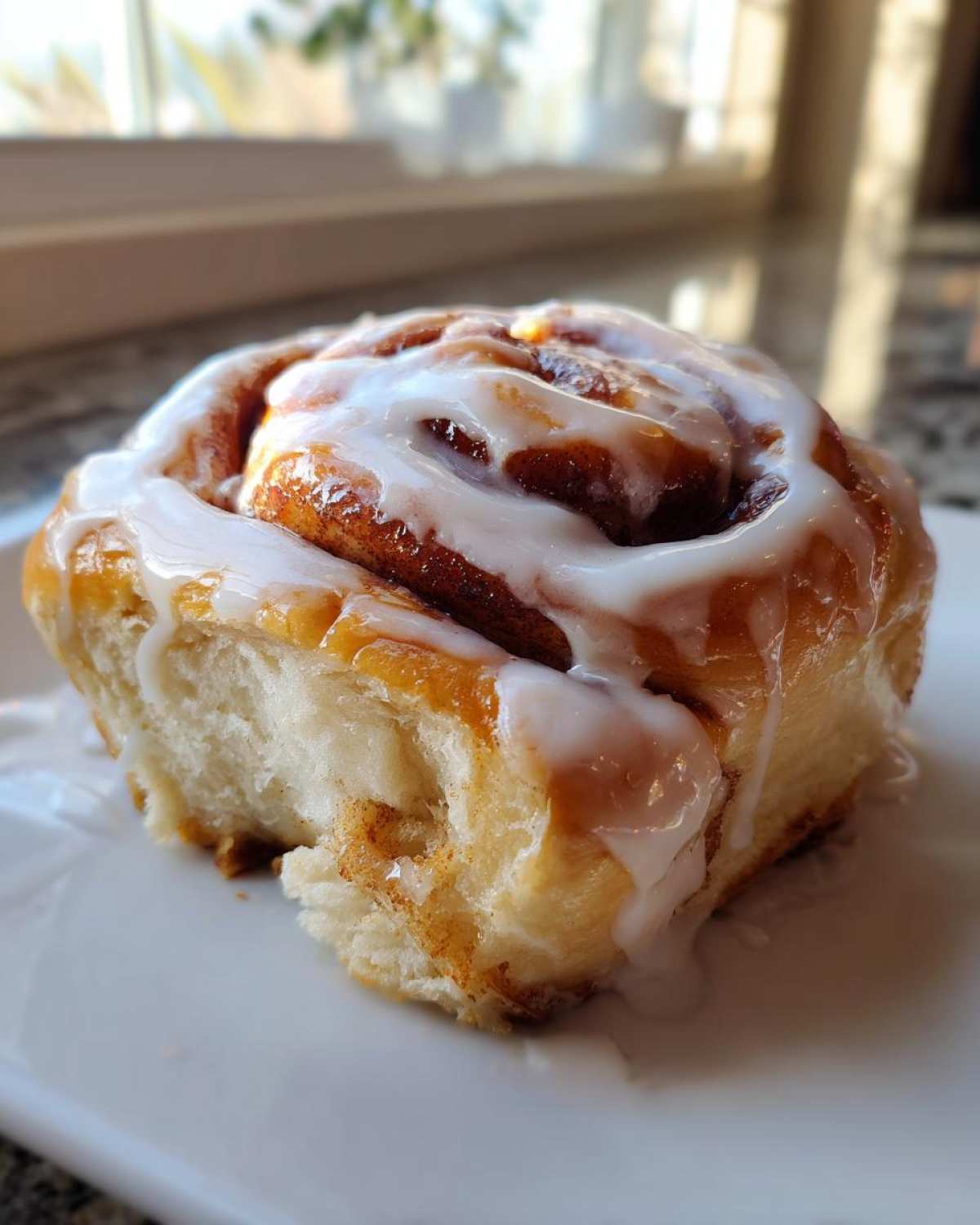 A close-up of a soft, freshly baked cinnamon roll topped with thick white icing.