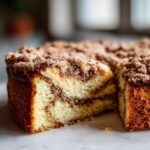 A close-up of a moist slice cut from an amazing coffee cake, revealing cinnamon swirls and a thick, crumbly streusel topping.