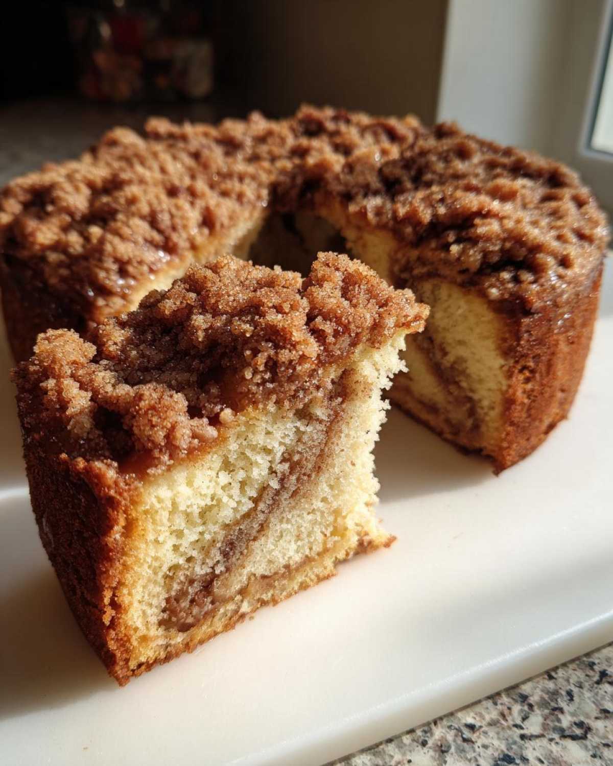 A slice of homemade coffee cake showing a thick cinnamon swirl and generous streusel topping.