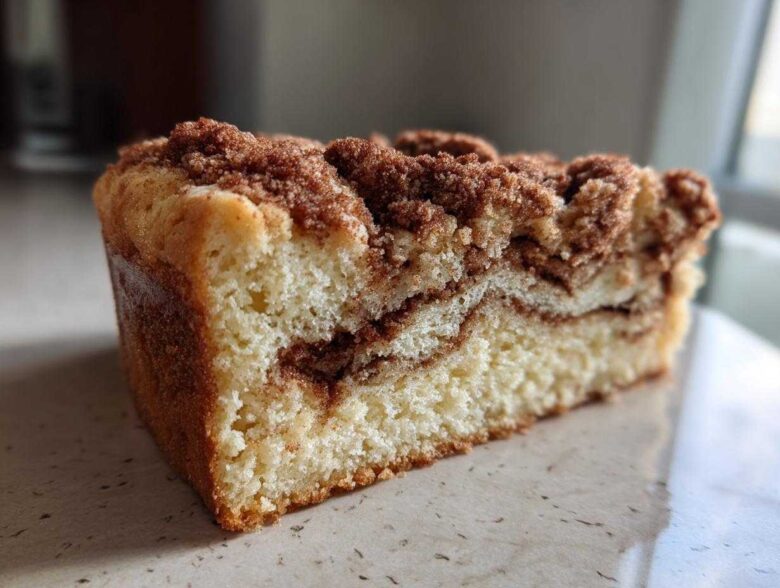 A thick slice of moist coffee cake showing a rich cinnamon swirl and generous crumbly streusel topping.