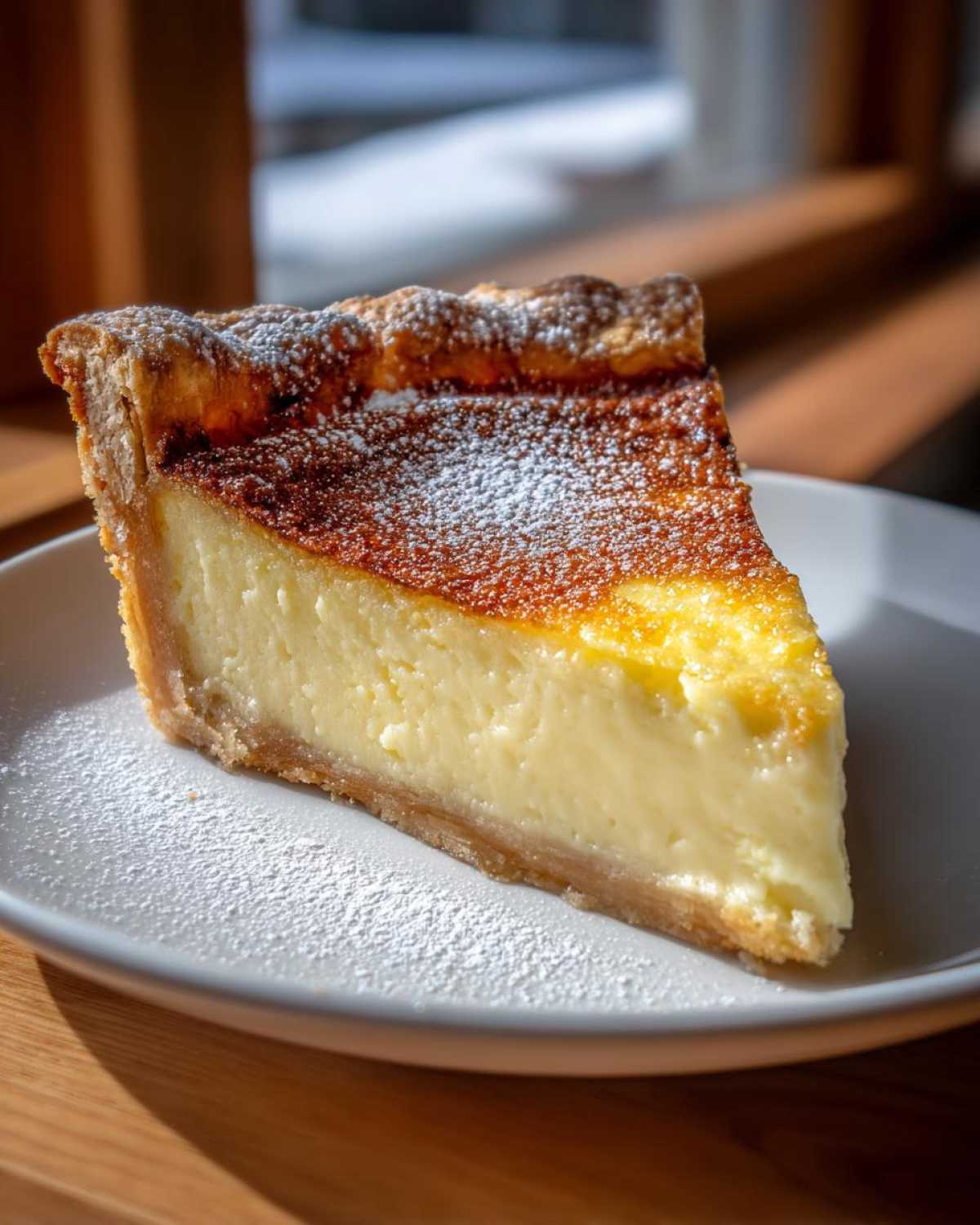 A thick slice of baked egg custard pie with a golden-brown top, dusted with powdered sugar.