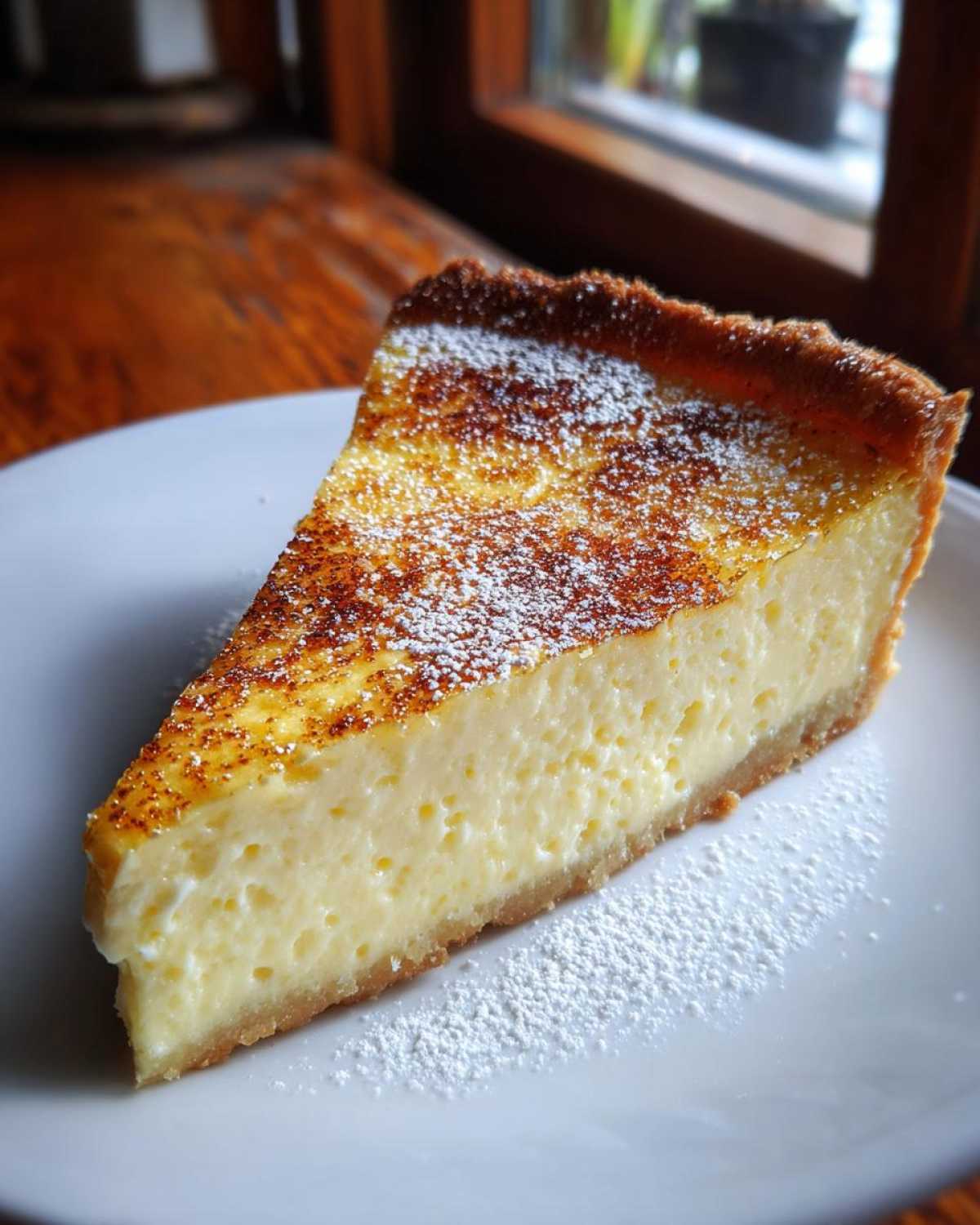 A perfect slice of creamy egg custard tart dusted with powdered sugar on a white plate.